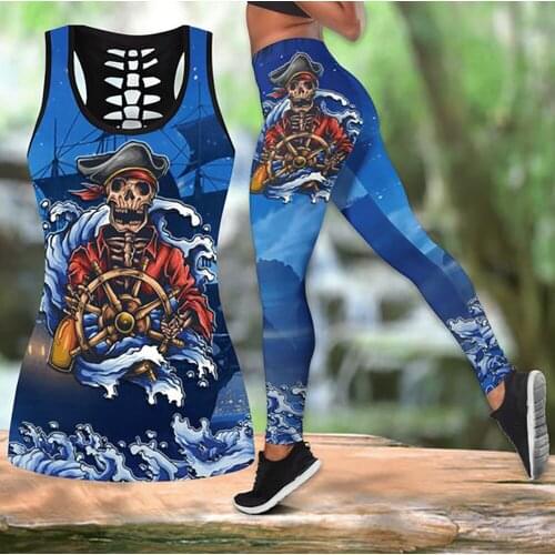 Womens Over Printed Yoga Suit Pirates of the Caribbean 3D Printing Hollow Vest Tank Top High Waist Leggings Sports Ladies Suit