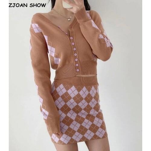 90s Vintage Argyle Plaid Knitted Cropped Cardigan 2 pcs 1 Set 2021 Crop Women Sweater Package Hips Mini Skirt Y2K Knitwear