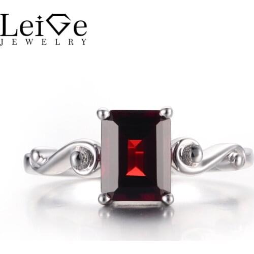 Leige Jewelry Natural Red Garnet Rings January Birthstone Rings Emerald Cut Rings 925 Sterling Silver Solitaire Ring for Women