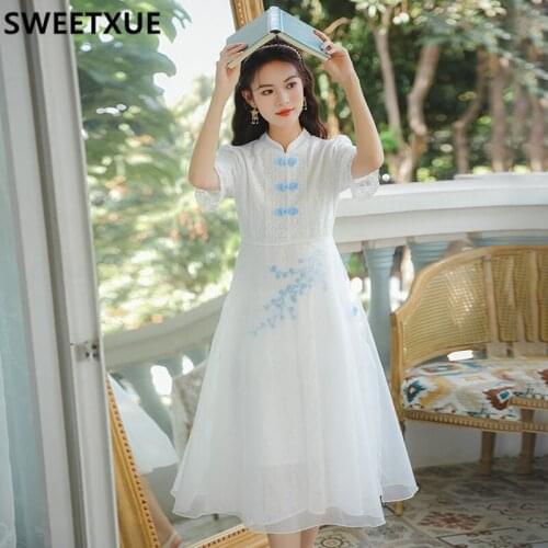 SWEETXUE Retro Fashion Chinese Style Improved Cheongsam Dress Summer Women Elegant Fashion Lace Embroidered Dresses Female 2021