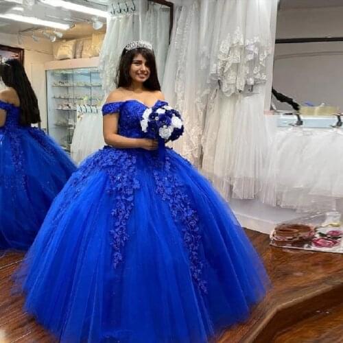 New Royal Blue Princess Quinceanera Dress 2021 Off Shoulder Appliques Lace Flowers Party Sweet 16 Gown Vestidos De 15 Años