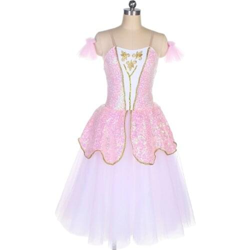 All For Dance Ballerina Romantic Tutu Pink Sequin Top Bodice With 360° Tulle Girls&Women Ballet Dance Long Dress Dance Wear