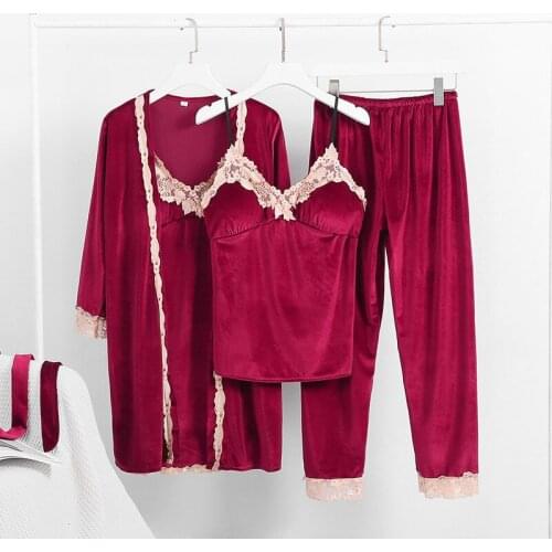 2020 gold velvet female long-sleeved nightdress sexy four-piece long paragraph nightgown home service pajamas suit