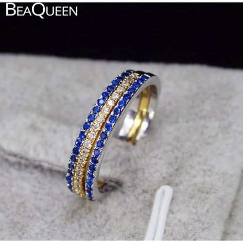 BeaQueen New Fashion 3 PCS Mix-color Royal Blue Cubic Zircon Rings CZ Women Wedding Bands Ring Set for Engegament Party R003