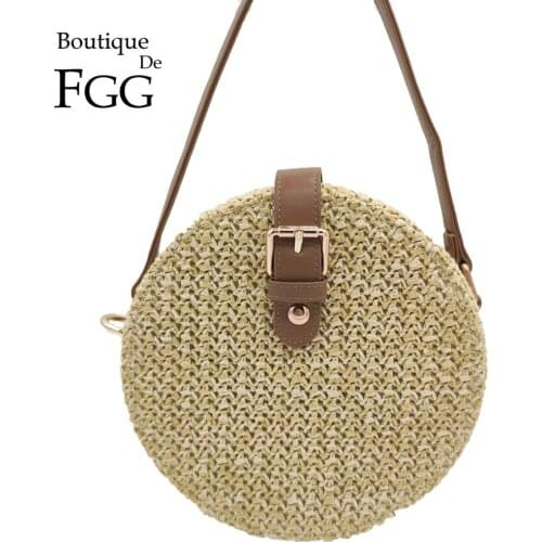 Boutique De FGG Summer Stylish Round Straw Bag Women Crossbody Bags Small Designer Beach Messenger Handbags Shoulder Bag
