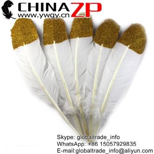 CHINAZP Turkey Feather 25~30cm 50pcs/lot High Quality White Glitter Tip Turkey Quill Wing Wholesale Feather Bulk