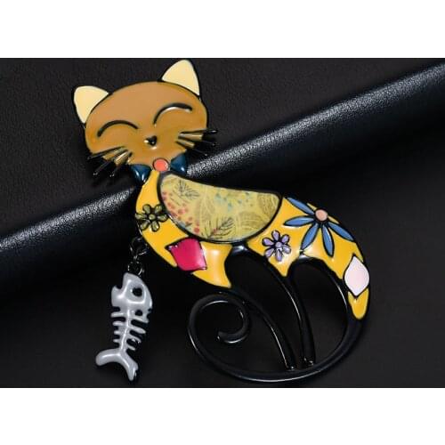 D&Rui Jewelry Brooch Gifts Colorful Enamel Cat Pin Badge Scarf Cartoon Animal Fish Bone Metal Brooches Collar Pins for Women