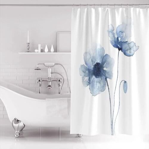 Blue Watercolor Poppies Extra Long Fabric Bath Shower Curtains Bathroom Decor Sets with Hooks