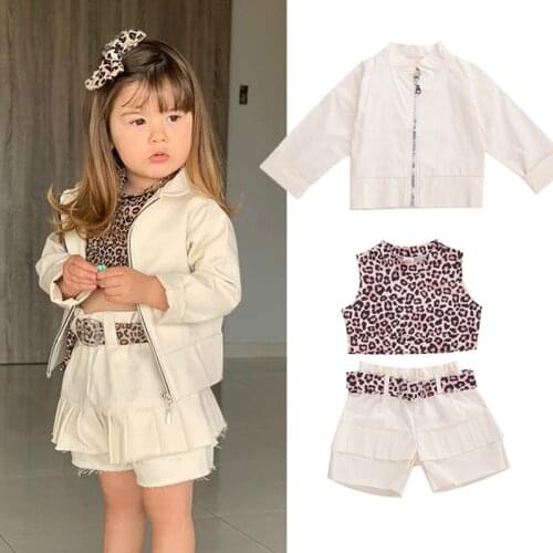 FOCUSNORM 2-8Y Fashion Autumn Girls Clothes Leopard Print Sleeveless Vest Tops Shorts Belt 3pcs Or Coat