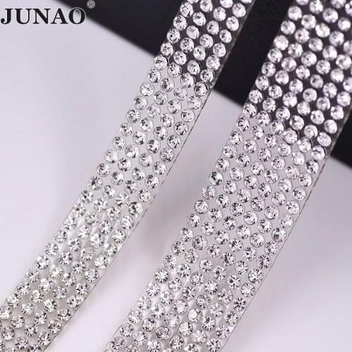 JUNAO 5 Yard Clear Crystal Hot Fix Rhinestones Trim Glass Crystal Mesh Hotfix AB Strass Applique Banding Iron On Bead for Crafts