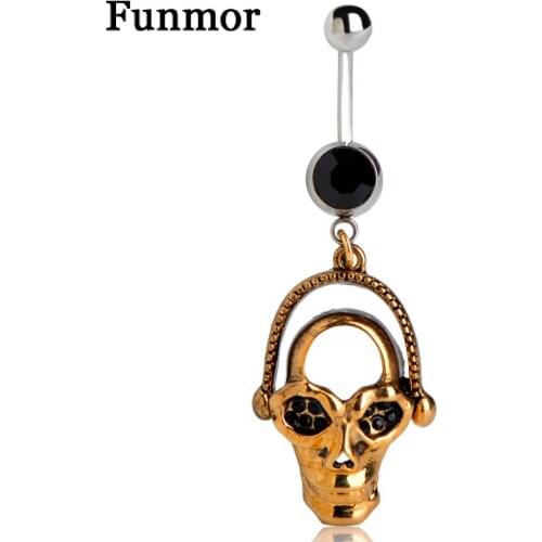 Cool Punk Belly Button Rings Skull Music Black Crystal Paved Gold-Color Women Navel Piercing Tunnel Stainless Femme Sexy bijoux
