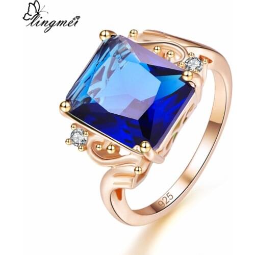 Lingmei New Comes 10*12 mm Big Rectangular Cut Royal Blue & Green CZ GoldRing Size 6-9 Shinning Women Jewelry
