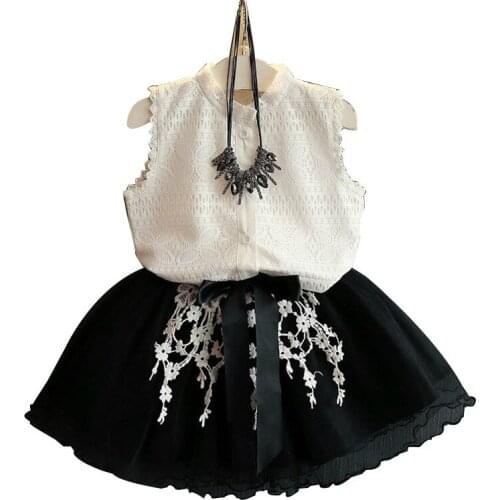 Girl Fashion Cute White Lace Floral Top Shirt Tulle Skirt Clothing Set