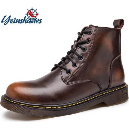 YEINSHAARS Retro Mens Boots Fashion Genuine Leisure Shoes Classics Motorcycle Ankle Boot Men Winter Casual Shoe Large Size Warm
