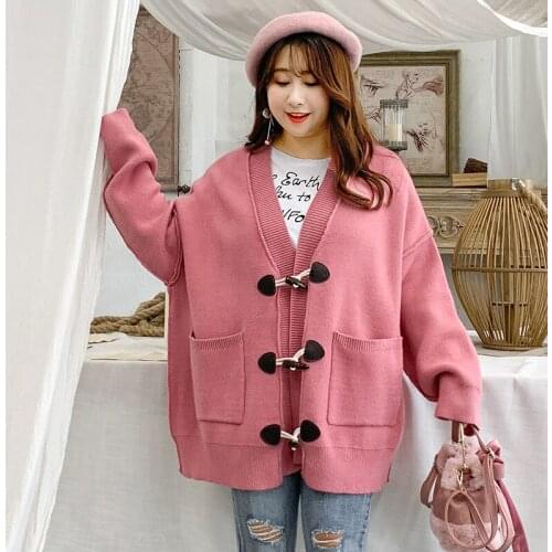 Autumn Cute Pink Loose Oversized Sweater Coat Versatile Simple Korean Ox Horn Button Apricot Khaki Sweater Knit Sweater Women