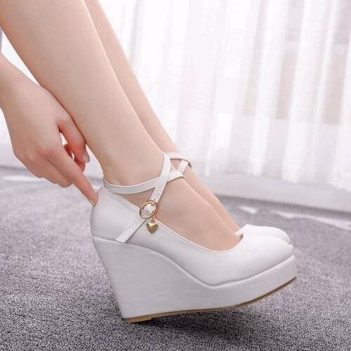 Sexy White Platform Wedges Shoes Pumps Women High Heels Platform Shoes Round Toe Wedges Pumps Cross Tie Wedges Heels Large size