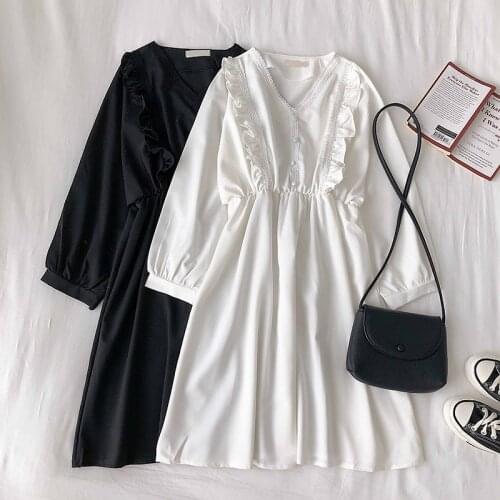 WHCW CGDSR 2020 dresses a-line autumn winter woman party korean style long sleeve vintage elegant dress women loose solid vestid