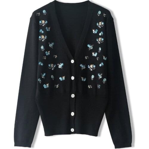 Luxury Women Designer Autumn Sequin Embroidery Knitted Cardigan Hip Hop Style Vintage V Neck Tops Long Sleeve Female Outerwear