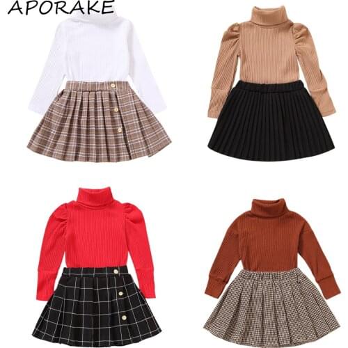 2021 0-6Y Fashoin Girl Clothings Kids Fall Solid Color Turtleneck Knitwear+Plaid Print Pleated Skirt Khaki/ White/ Red/ Brown
