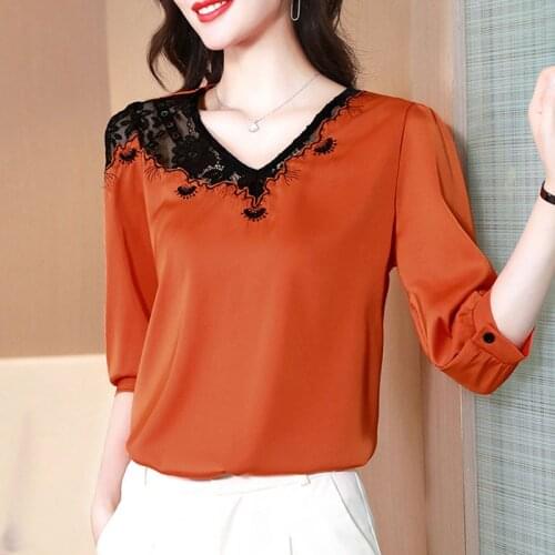 Plus Size Women Clothing 2021 Summer Solid Shirt Womens Lace Stitching Half-sleeve Silk Top V-Neck Blusas De Satin Mujer 1010