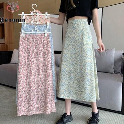New 2021 Summer Korean Chic Women Skirts Loose Chiffon Print Floral Ladies Skirt High Waist A-Line Simple Female Skirts KE1317