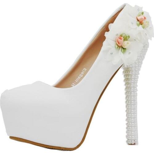 Women sandals wedding Party Lace PU Rhinestones Slip On 14CM Thin High heels Round Toe Flowers waterproof women shoes size 35-42