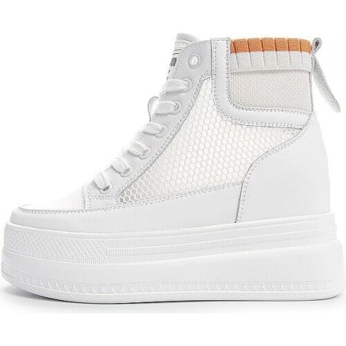 2021 Split Leather Women Boots Summer Air Mesh Hollow Ankle Boots Platform Heel Height Increasing Ankle Boots Botas