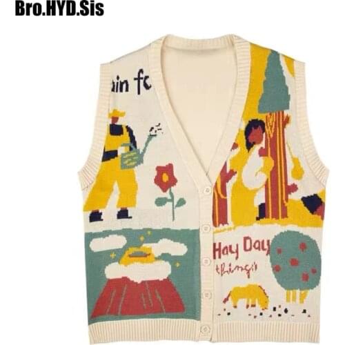 Women Buttons Vest 2021 Fashion Knitted Cartoon Jacquard Sweater Loose Vintage Waistcoat Chic Oversize Tops Girls Clothes Outfit