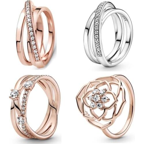 Crossover Pave Triple Petals Statement With Crystal Ring 925 Sterling Silver Ring For Women Wedding Gift Europe Fine Jewelry