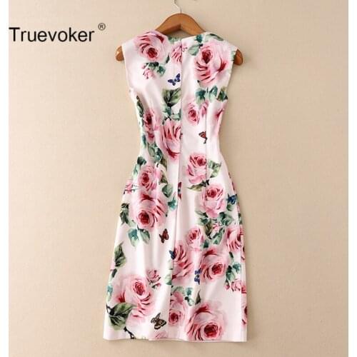 Designer Dress Womens High Quality Sleeveless Pink Rose Floral Printed Noble Pencil Dress Plus Size 2XL Vestido