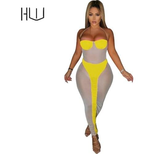 Spaghetti Strap Gauze Transparent Bodycon Dress Patchwork Sexy Mesh Sheer Maxi Dress Vacation Outfits for Women See Through