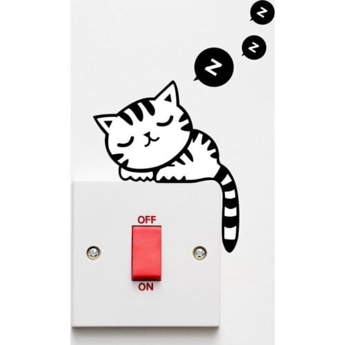 1 X Home Wall Switch Sticker Mural Decal Cartoon Cat Sleeping DIY Home Decal PVC Parlor Decal Decoration Black DIY Funny