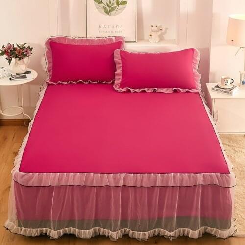2020 new products Frosted fabric Bed spread Fitted Sheet Pillowcases 2/3pcs Solid color Lace Pleated lace princess Bedding
