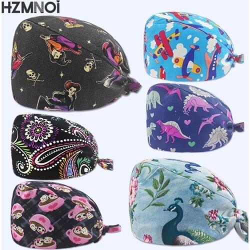 2021 Cartoon Printed Cotton Breathable Female Medical Nurse Cap Pet Hospital Surgeon Cap Dentist Cap Beauty Salon Chef Scrub Cap