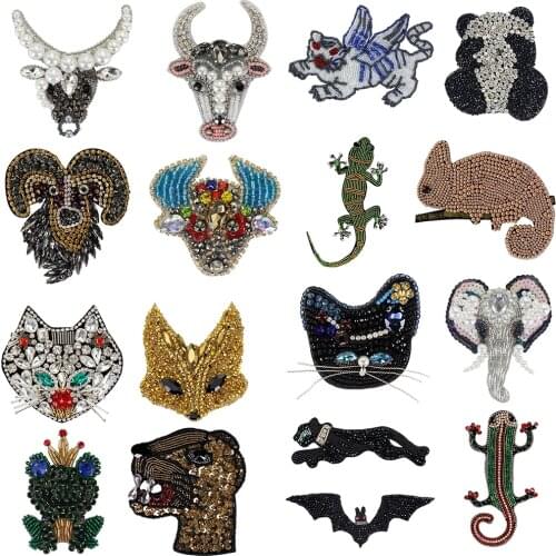 Beaded Crystal Lizard Tiger Panda Animal Ox Sheep Frog Bat Foxes Elephant Leopards Patches Clothing Sewing Accessory 1pc