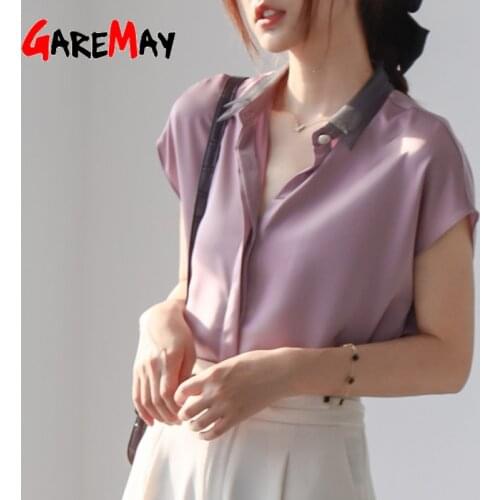 2021 Summer Womens Blouses Silk Satin Female with Collar Short Sleeve Office Tops White Shirts Women Elegant Blouse Plus Size