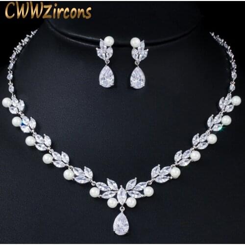 CWWZircons Elegant Dangle Drop Cubic Zirconia Leaf Flower Big Pearl Necklace Earrings Bridal Wedding Jewelry Sets for Women T362