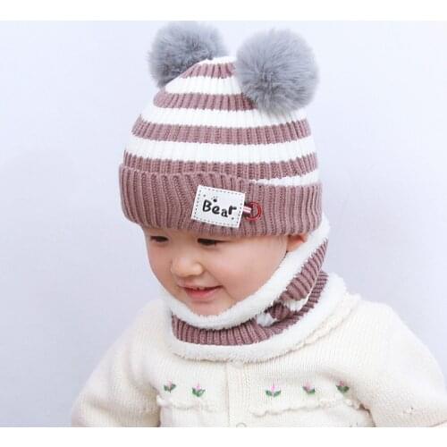 Doitbest 8 momths to 3 Years old kids Beanie hair bull kids boys Knit fur hats winter 2 pcs baby wool boys girls scarf hat set