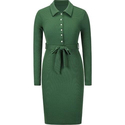 European American New Autumn Winter Plus Size Womens Mid-Length Hedging Knitted Long-Sleeved Dress Female Green