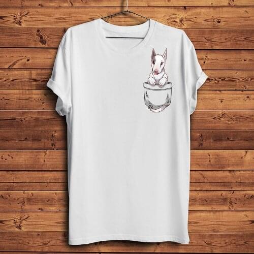 Cute Bull Terrier dog Puppy in Pocket funny 3d tshirt men summer new white casual short sleeve unisex cool streetwear t shirt