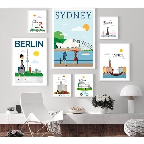 City Viewscape Wall Decor Canvas Painting Art Print Nordic Little Girl Canvas Print Wall Art Roma Berlin for Home Decor