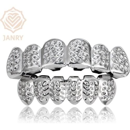 JANRY Gold Color Plated D- Cut Teeth Grillz Caps Top & Bottom Hip Hop Grill Set For Christmas Party Gift Women Men