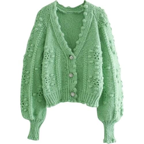 V Neck Cardigan Sweaters Women Fashion Hollow Out Sweater Women Elegant Green Lantern Sleeve Sweaters Female Ladies