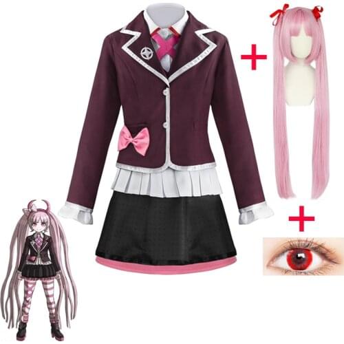 Danganronpa Utsugi Kotoko Full Cosplay Costumes Including Pink Wig Red Cosmetic Lenses Demon Headdress