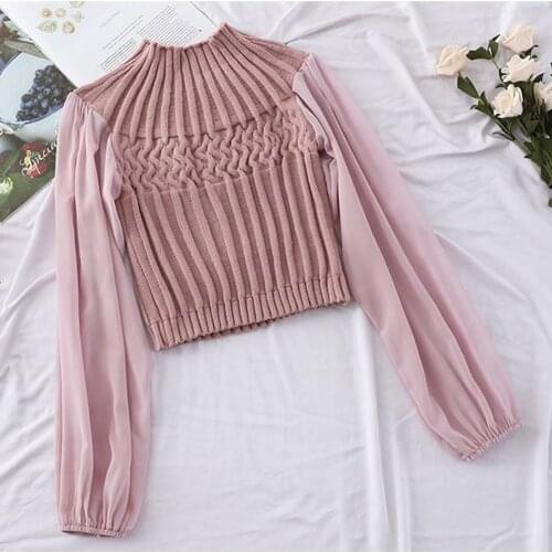 Hot 2019 New Arrival Ladies Knit Stitching Lantern Sleeve Blouse Pullover Female Shirts Women Fashion Clothes