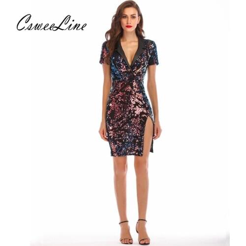 Fashion Women Shining Black Sequin Dress Notched Lapel Short Sleeve Side Slit Sexy Dress Night Club Party Chic Outfit Mini Dress