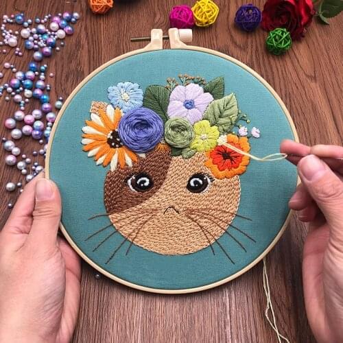 Cartoon Cat Pattern Embroidery Kit Handcraft Embroidery Material Package DIY Beginner Cross Stitch Set Embroidery Hoop Craft Kit
