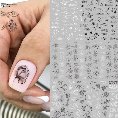 1 Sheet Black White 3D Nail Art Stickers Sliders Flowers Leaves Mandala Leaf Geometry Adhesive Nail Decals Foil Design