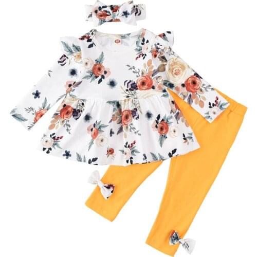 2021 New Baby Girls Flower Clothes Set Fly Shoulder Tops Solid Bow Pants Headband Child Autumn Costume 6M-3Y