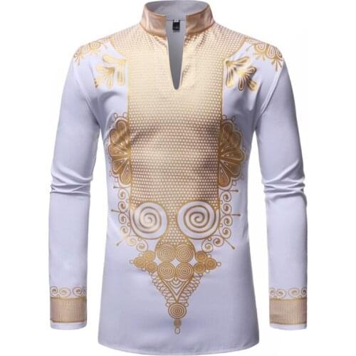 New Men Print African Print Dresses Rich Bazin Dashiki Long Sleeve T-shirt Traditional 2021 Fashion Style Adult Blouse Clothing
